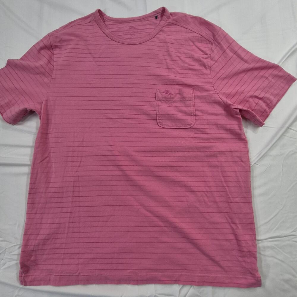Tommy Bahama Shirt Mens Large Pink Striped Pocket Tee Cotton Casual Crewneck